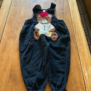 Black Corduroy Kids Overalls with Bear Design